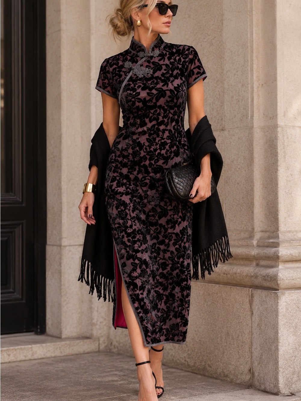 Vintage 90s Y2K Velvet Burnout Qipao Cheongsam Floral Midi Dress